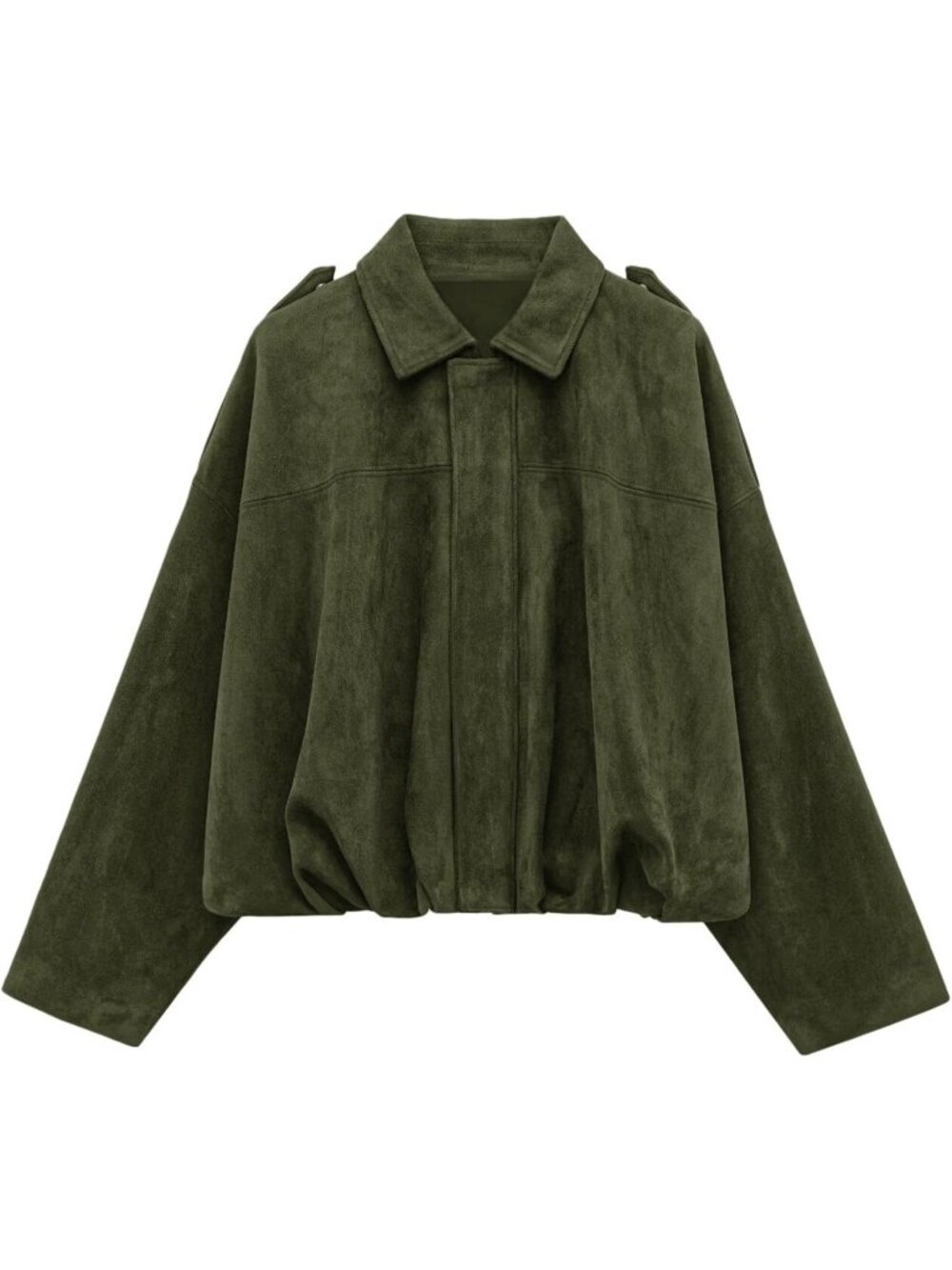 Women's Army Green Faux Suede Cropped Bomber Jacket Long Sleeve ZIP Up Coat